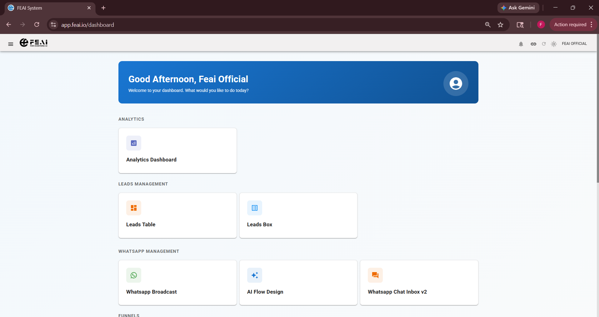FEAI Dashboard โ main home screen showing all menu sections