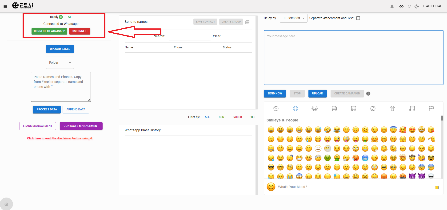 WhatsApp Business Connection page